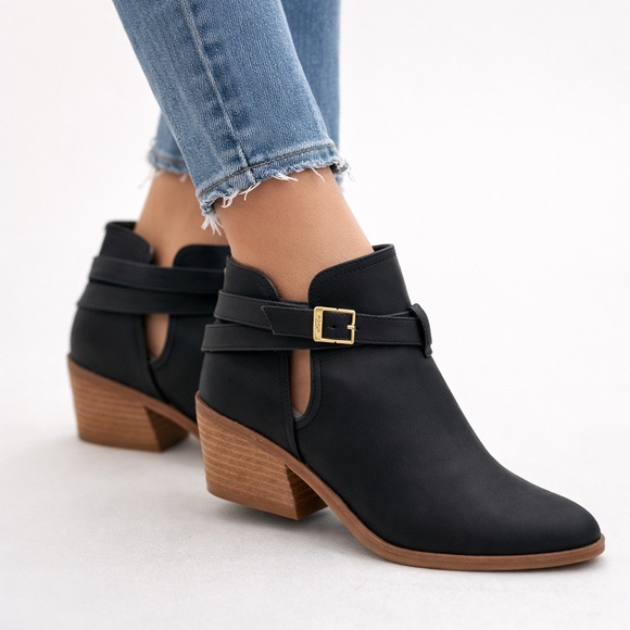Dr. Scholl's Shoes - Dr. Scholl’s Literally Black Cutout Ankle Boots w/ Gold Buckle & Stacked Heel